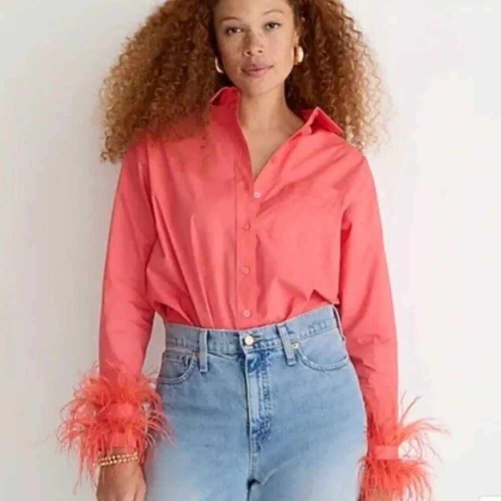 J.CREW Collection Feather Trim Poplin Coral Blouse